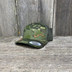 ELK HORN FLEX-FIT CAMO CHESTNUT LEATHER PATCH HAT Leather Patch Hats Hells Canyon Designs # Tropical Multicam