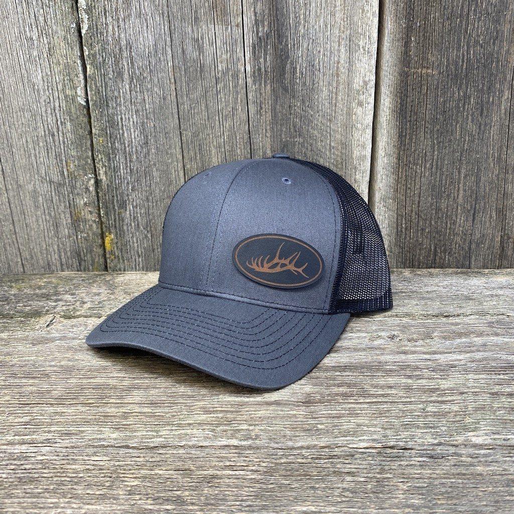 ELK RACK BLACK LEATHER PATCH HAT - RICHARDSON 112 Leather Patch Hats Hells Canyon Designs # Charcoal/Black