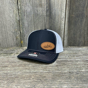 ELK RACK NATURAL LEATHER PATCH HAT - RICHARDSON 112 Leather Patch Hats Hells Canyon Designs # Black/White