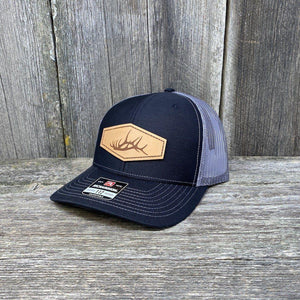ELK SHED STITCHED NATURAL LEATHER PATCH HAT - RICHARDSON 112 Leather Patch Hats Hells Canyon Designs Black/Charcoal