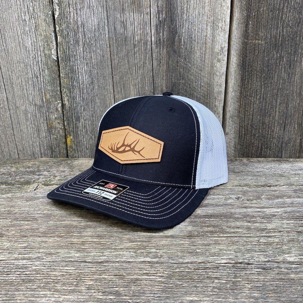 ELK SHED STITCHED NATURAL LEATHER PATCH HAT - RICHARDSON 112 Leather Patch Hats Hells Canyon Designs Black/White