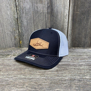 ELK SHED STITCHED NATURAL LEATHER PATCH HAT - RICHARDSON 112 Leather Patch Hats Hells Canyon Designs Black/White