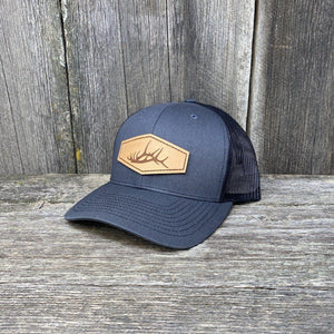 ELK SHED STITCHED NATURAL LEATHER PATCH HAT - RICHARDSON 112 Leather Patch Hats Hells Canyon Designs Charcoal/Black