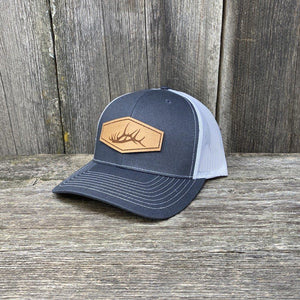 ELK SHED STITCHED NATURAL LEATHER PATCH HAT - RICHARDSON 112 Leather Patch Hats Hells Canyon Designs Charcoal/White