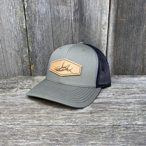 ELK SHED STITCHED NATURAL LEATHER PATCH HAT - RICHARDSON 112 Leather Patch Hats Hells Canyon Designs Loden/Black