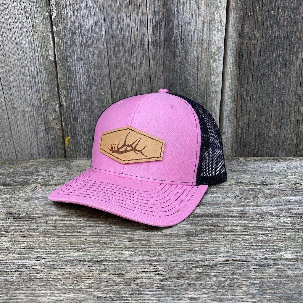 ELK SHED STITCHED NATURAL LEATHER PATCH HAT - RICHARDSON 112 Leather Patch Hats Hells Canyon Designs Pink/Black
