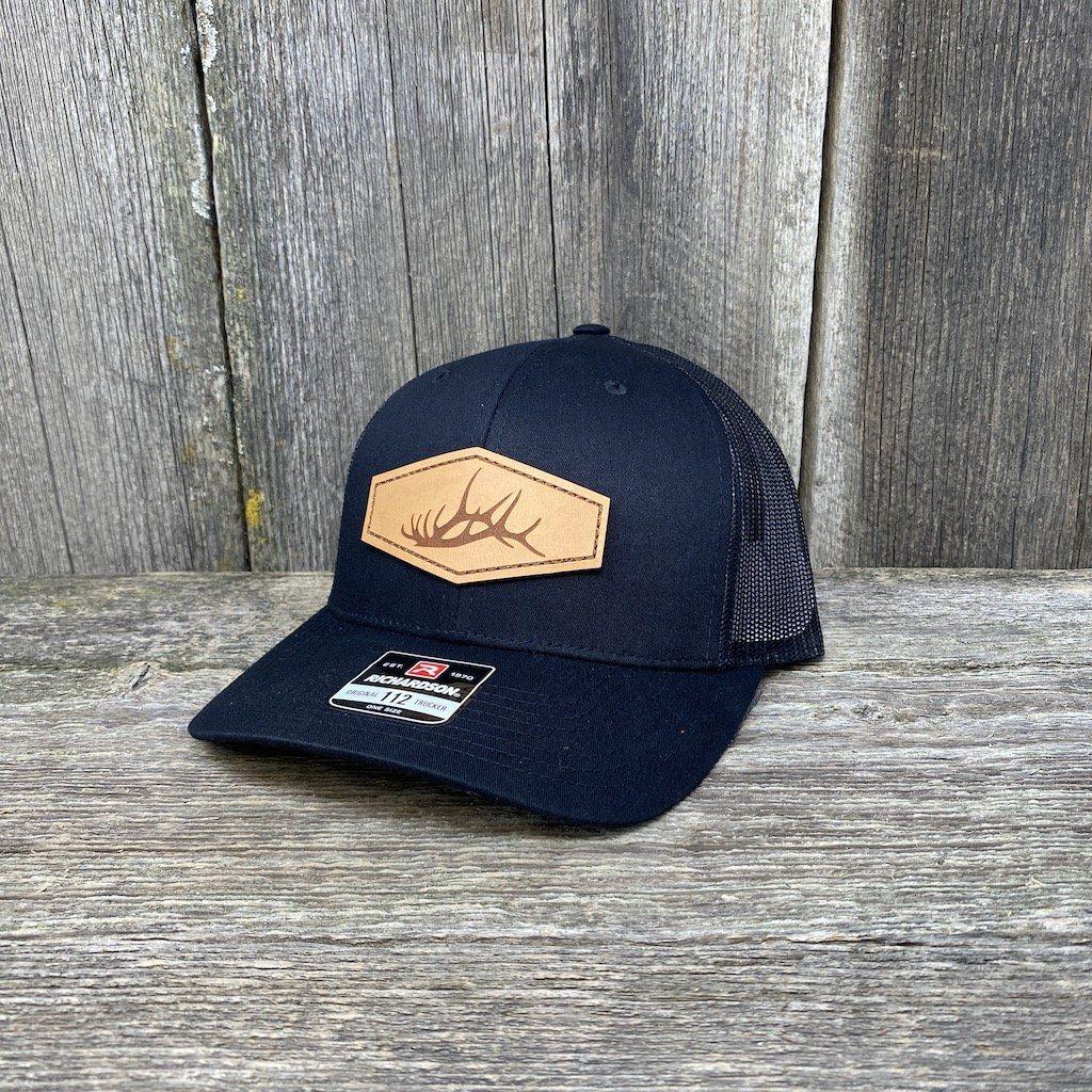 ELK SHED STITCHED NATURAL LEATHER PATCH HAT - RICHARDSON 112 Leather Patch Hats Hells Canyon Designs Solid Black