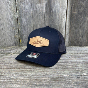 ELK SHED STITCHED NATURAL LEATHER PATCH HAT - RICHARDSON 112 Leather Patch Hats Hells Canyon Designs Solid Black