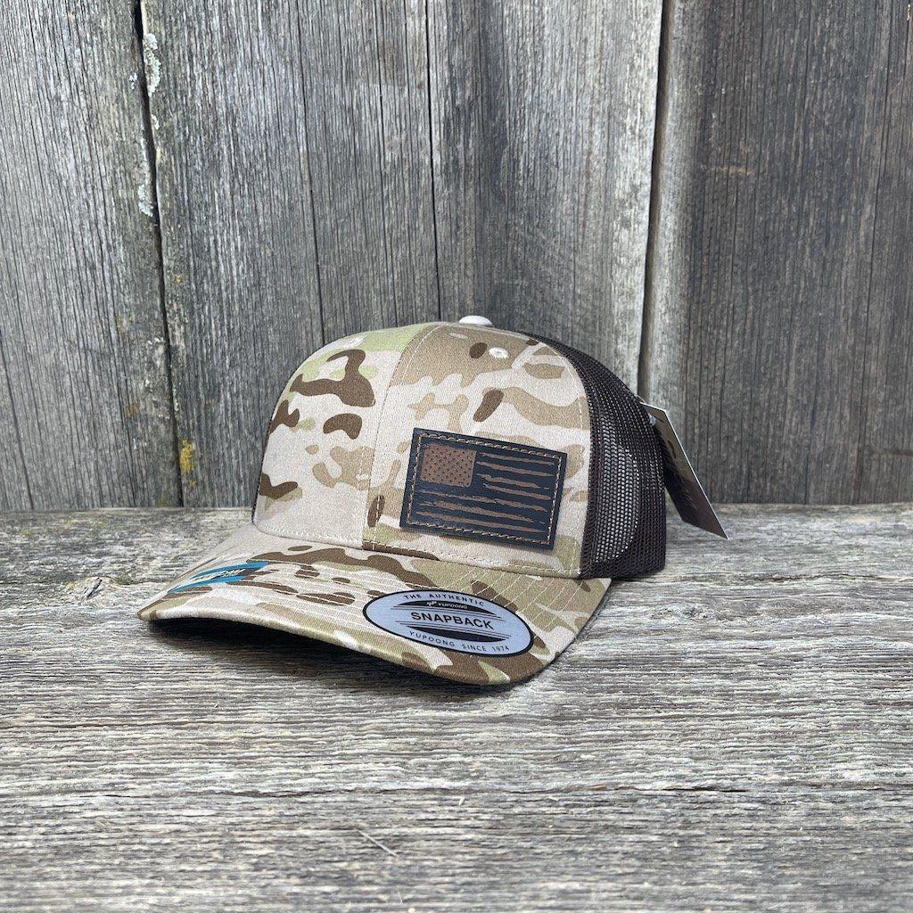 HAND SEWN BLACK DISTRESSED FLAG LEATHER PATCH HAT - FLEXFIT SNAPBACK Leather Patch Hats Hells Canyon Designs Arid Tan/Brown Multi-cam
