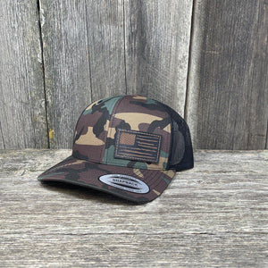 HAND SEWN BLACK DISTRESSED FLAG LEATHER PATCH HAT - FLEXFIT SNAPBACK Leather Patch Hats Hells Canyon Designs BDU/multi-cam