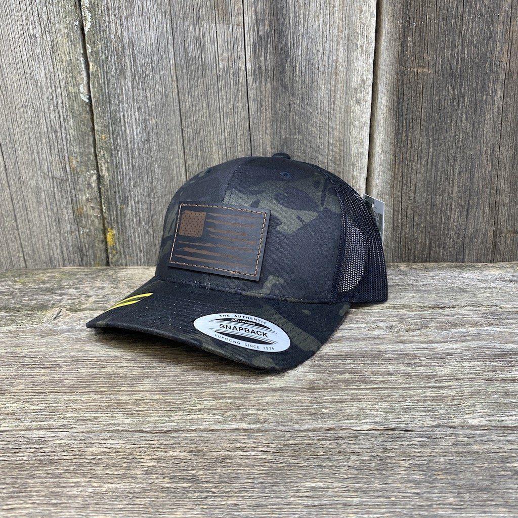 HAND SEWN BLACK DISTRESSED FLAG LEATHER PATCH HAT - FLEXFIT SNAPBACK Leather Patch Hats Hells Canyon Designs Black/Multi-cam