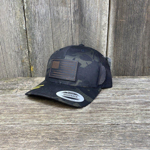 HAND SEWN BLACK DISTRESSED FLAG LEATHER PATCH HAT - FLEXFIT SNAPBACK Leather Patch Hats Hells Canyon Designs Black/Multi-cam