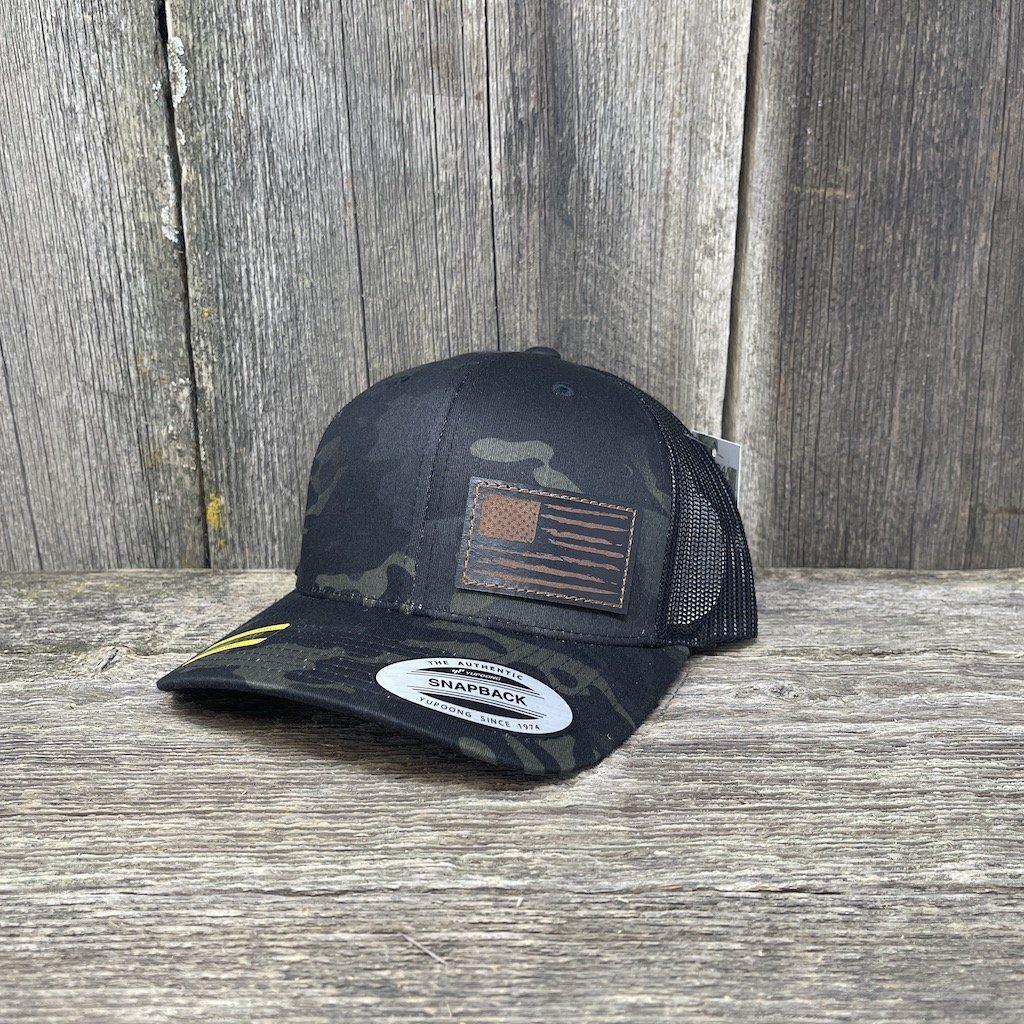 HAND SEWN BLACK DISTRESSED FLAG LEATHER PATCH HAT - FLEXFIT SNAPBACK Leather Patch Hats Hells Canyon Designs Black/Multi-cam