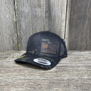 HAND SEWN BLACK DISTRESSED FLAG LEATHER PATCH HAT - FLEXFIT SNAPBACK Leather Patch Hats Hells Canyon Designs Black/Multi-cam