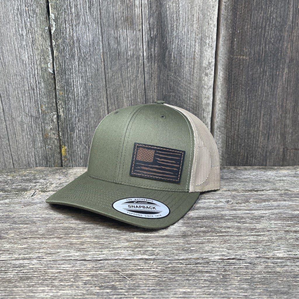 HAND SEWN BLACK DISTRESSED FLAG LEATHER PATCH HAT - FLEXFIT SNAPBACK Leather Patch Hats Hells Canyon Designs Moss/Khaki