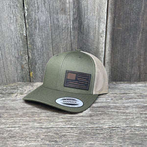 HAND SEWN BLACK DISTRESSED FLAG LEATHER PATCH HAT - FLEXFIT SNAPBACK Leather Patch Hats Hells Canyon Designs Moss/Khaki