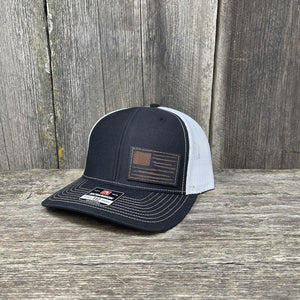 HAND SEWN BLACK DISTRESSED FLAG LEATHER PATCH HAT - RICHARDSON 112 Leather Patch Hats Hells Canyon Designs # Black/White
