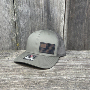 HAND SEWN BLACK DISTRESSED FLAG LEATHER PATCH HAT - RICHARDSON 112 Leather Patch Hats Hells Canyon Designs # Loden 