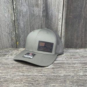 HAND SEWN BLACK DISTRESSED FLAG LEATHER PATCH HAT - RICHARDSON 112 Leather Patch Hats Hells Canyon Designs # Loden
