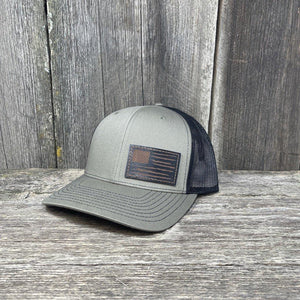 HAND SEWN BLACK DISTRESSED FLAG LEATHER PATCH HAT - RICHARDSON 112 Leather Patch Hats Hells Canyon Designs # Loden/Black 
