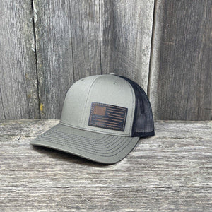 HAND SEWN BLACK DISTRESSED FLAG LEATHER PATCH HAT - RICHARDSON 112 Leather Patch Hats Hells Canyon Designs # Loden/Black