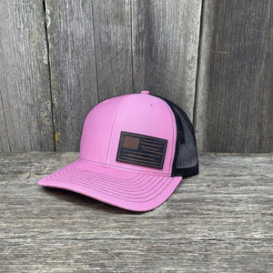 HAND SEWN BLACK DISTRESSED FLAG LEATHER PATCH HAT - RICHARDSON 112 Leather Patch Hats Hells Canyon Designs # Pink/Black 
