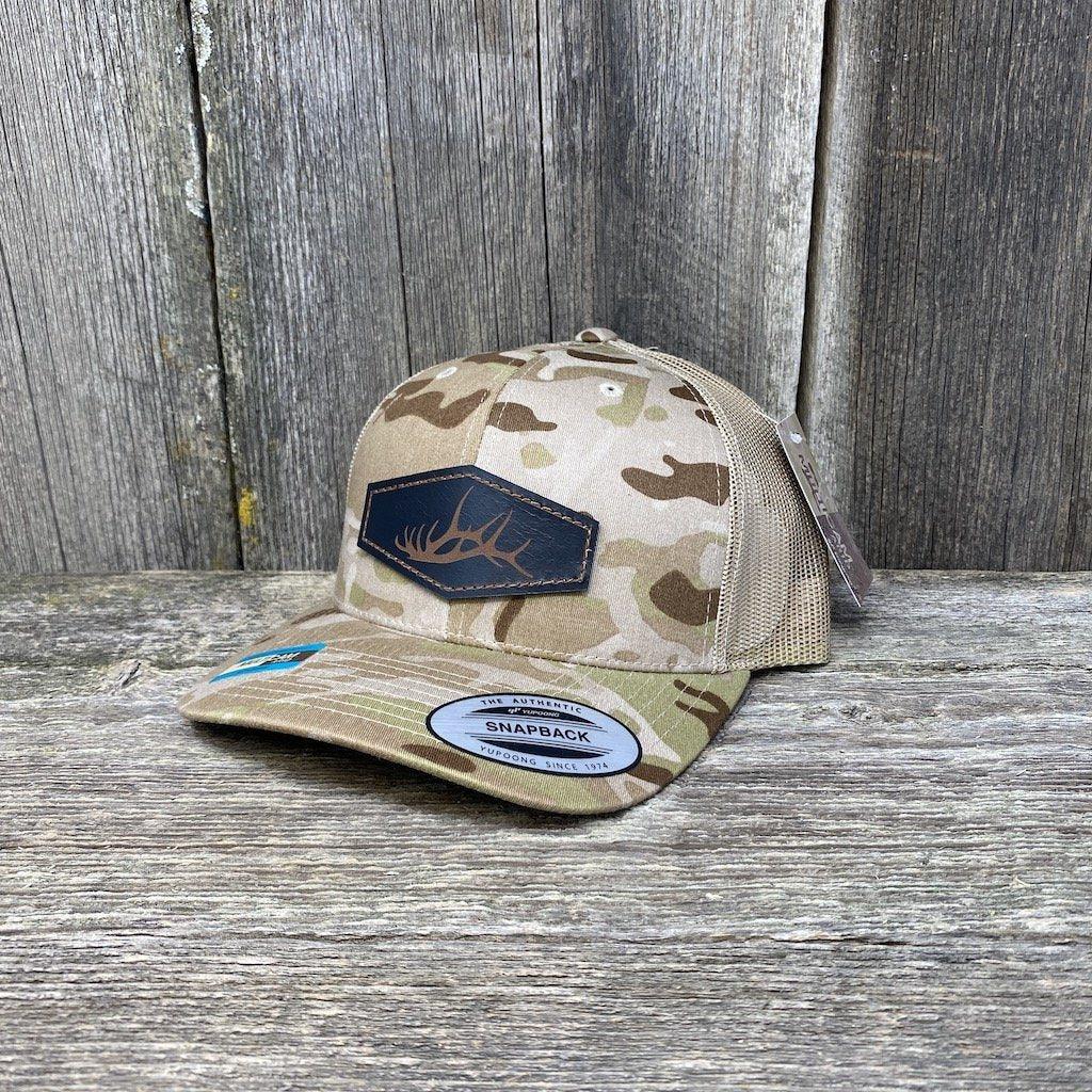 HAND SEWN BLACK ELK SHED LEATHER PATCH HAT - FLEXFIT SNAPBACK Leather Patch Hats Hells Canyon Designs # Arid/Tan Multicam