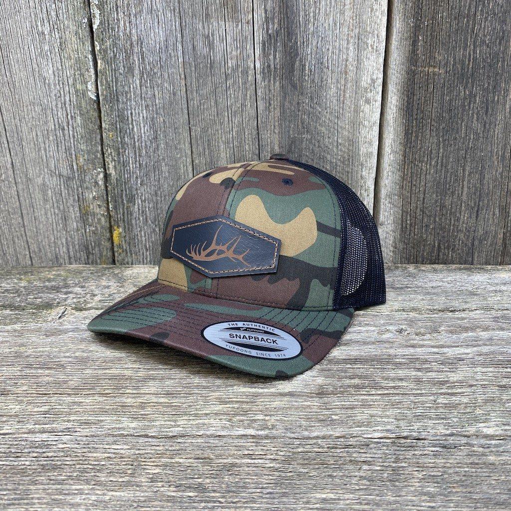HAND SEWN BLACK ELK SHED LEATHER PATCH HAT - FLEXFIT SNAPBACK Leather Patch Hats Hells Canyon Designs # BDU/Black