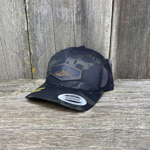 HAND SEWN BLACK ELK SHED LEATHER PATCH HAT - FLEXFIT SNAPBACK Leather Patch Hats Hells Canyon Designs # Black Multi-cam