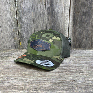 HAND SEWN BLACK ELK SHED LEATHER PATCH HAT - FLEXFIT SNAPBACK Leather Patch Hats Hells Canyon Designs # Tropical Multi-cam