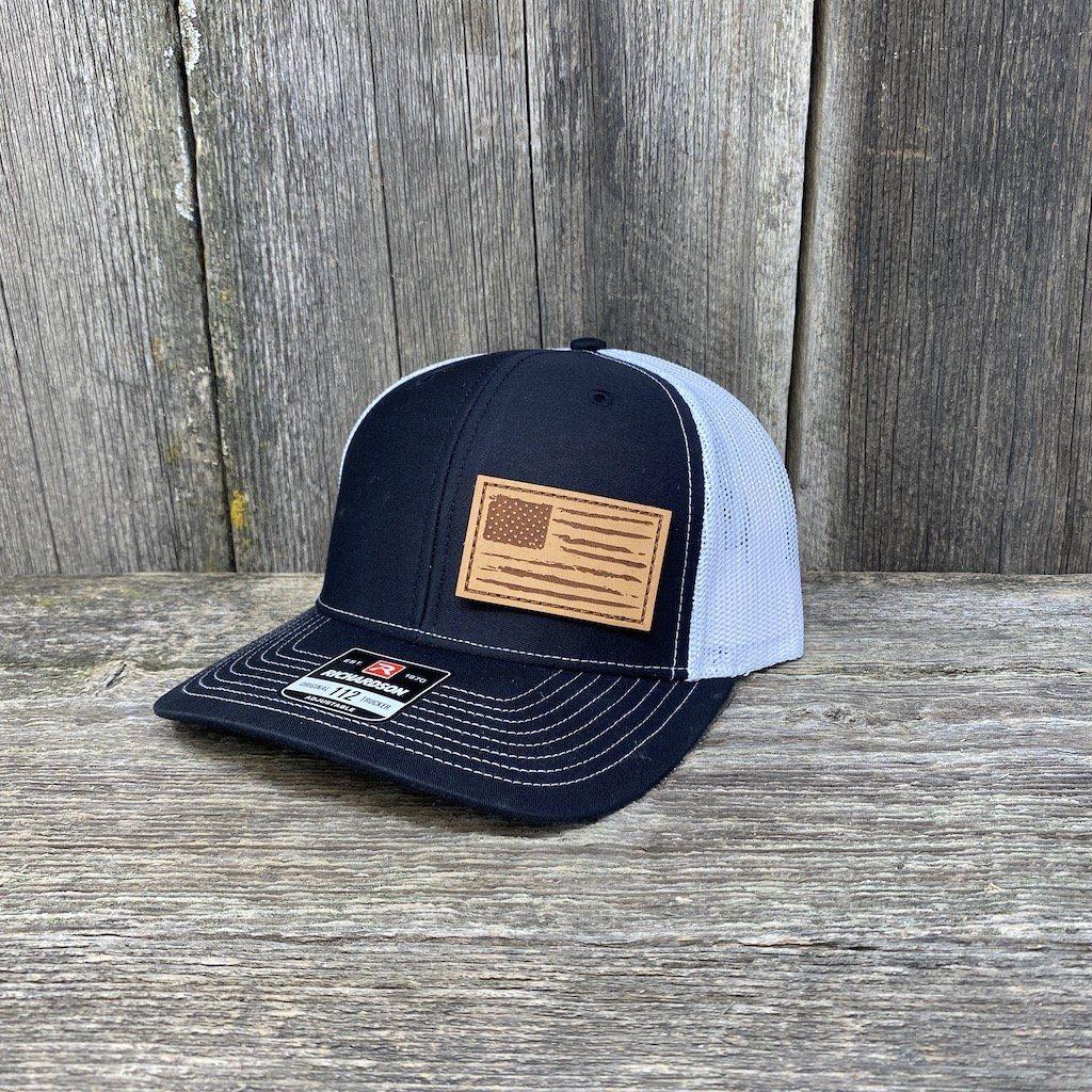 HAND SEWN DISTRESSED FLAG LEATHER PATCH HAT - RICHARDSON 112 Leather Patch Hats Hells Canyon Designs # Black/White