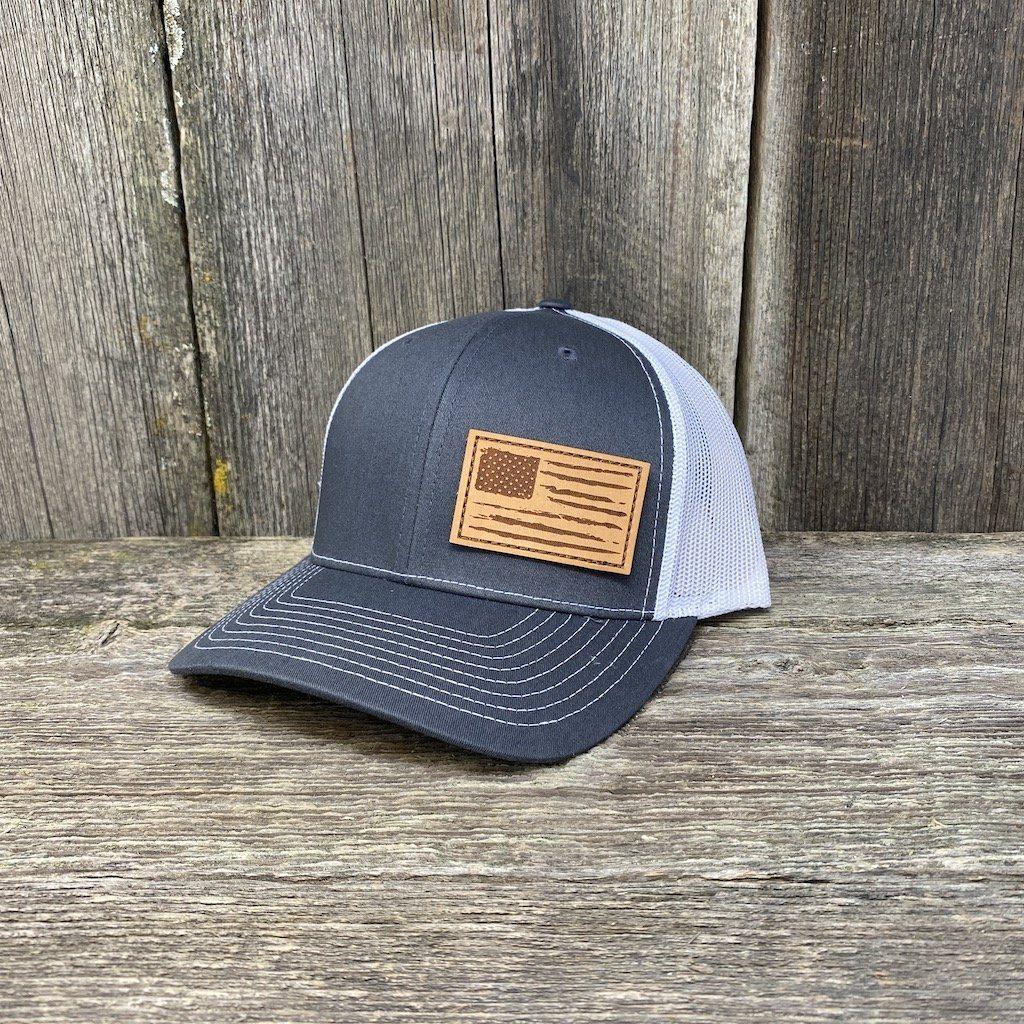 HAND SEWN DISTRESSED FLAG LEATHER PATCH HAT - RICHARDSON 112 Leather Patch Hats Hells Canyon Designs # Charcoal/White