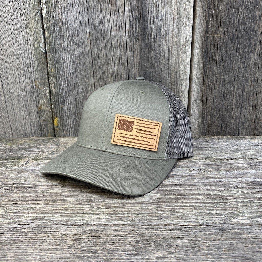 HAND SEWN DISTRESSED FLAG LEATHER PATCH HAT - RICHARDSON 112 Leather Patch Hats Hells Canyon Designs # Loden