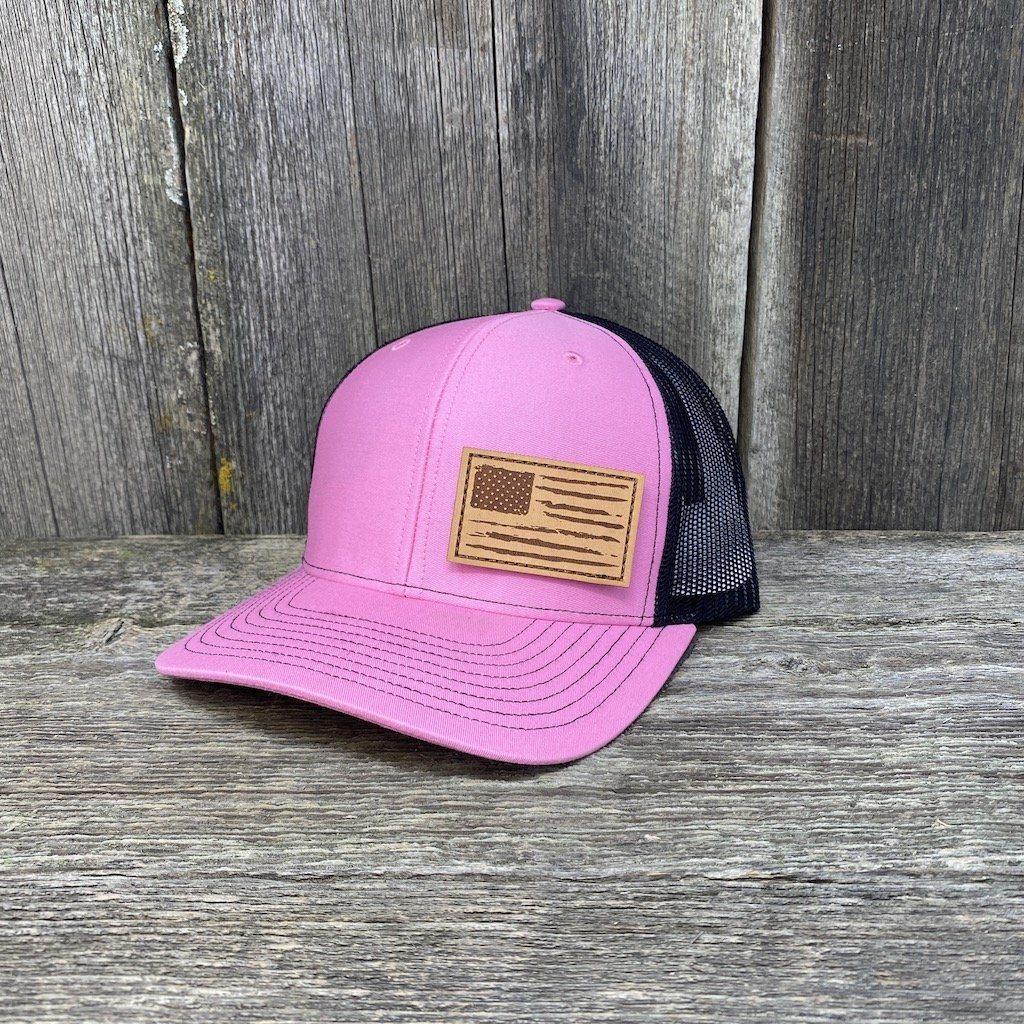 HAND SEWN DISTRESSED FLAG LEATHER PATCH HAT - RICHARDSON 112 Leather Patch Hats Hells Canyon Designs # Pink/Black