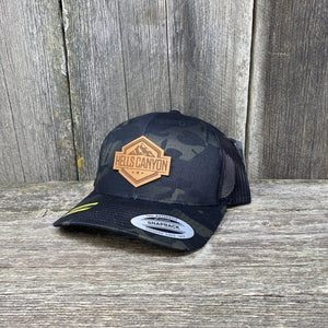 HELLS CANYON LEATHER PATCH HAT - FLEXFIT Leather Patch Hats Hells Canyon Designs # Black Multi-cam