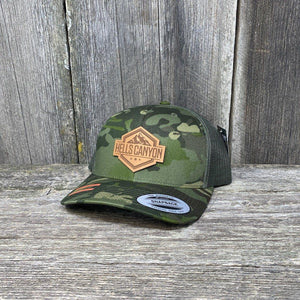 HELLS CANYON LEATHER PATCH HAT - FLEXFIT Leather Patch Hats Hells Canyon Designs # Tropical Multicam