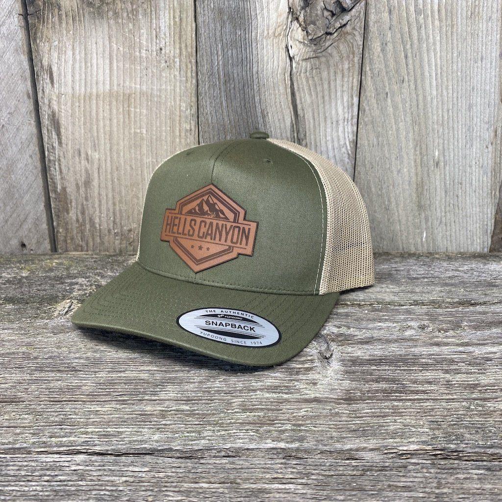 Hells Canyon Patch Hat Yupoong Leather Patch Hats Hells Canyon Designs # Moss/Khaki