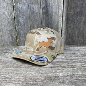 HUNTING DOG CHESTNUT LEATHER PATCH HAT - FLEXFIT SNAPBACK Leather Patch Hats Hells Canyon Designs Arid/Tan Multicam