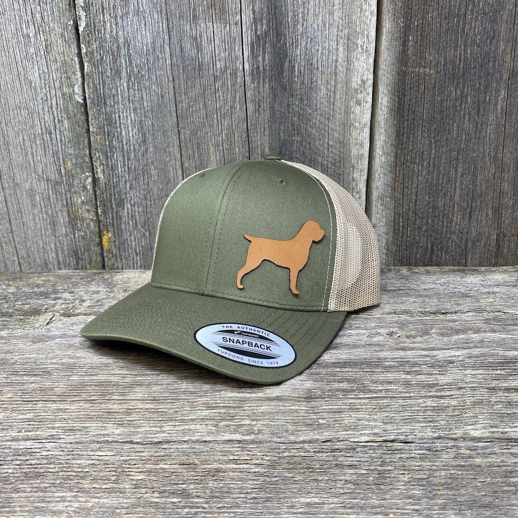 HUNTING DOG CHESTNUT LEATHER PATCH HAT - FLEXFIT SNAPBACK Leather Patch Hats Hells Canyon Designs Loden/Tan