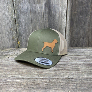 HUNTING DOG CHESTNUT LEATHER PATCH HAT - FLEXFIT SNAPBACK Leather Patch Hats Hells Canyon Designs Loden/Tan