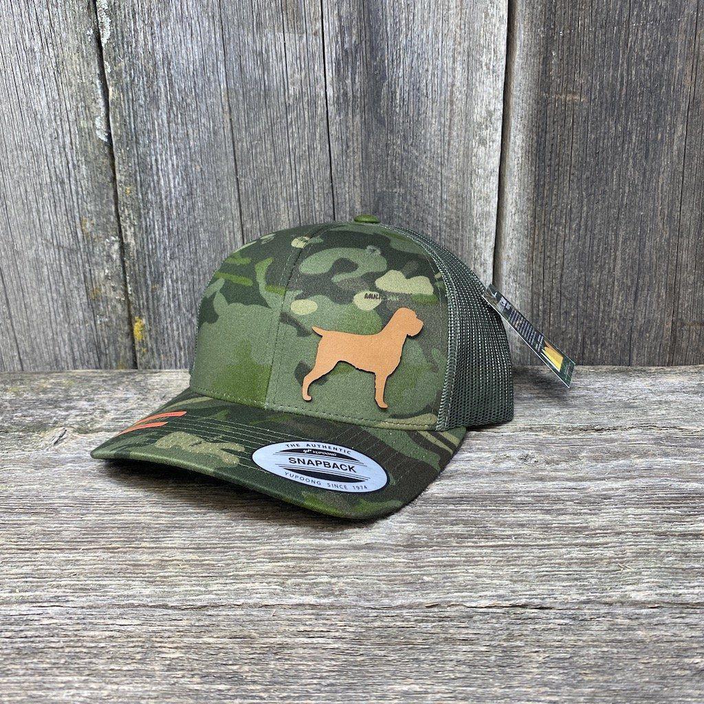 HUNTING DOG CHESTNUT LEATHER PATCH HAT - FLEXFIT SNAPBACK Leather Patch Hats Hells Canyon Designs Tropical Multicam
