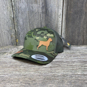 HUNTING DOG CHESTNUT LEATHER PATCH HAT - FLEXFIT SNAPBACK Leather Patch Hats Hells Canyon Designs Tropical Multicam