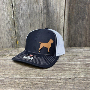 HUNTING DOG CHESTNUT LEATHER PATCH HAT - RICHARDSON 112 Leather Patch Hats Hells Canyon Designs # Black/White