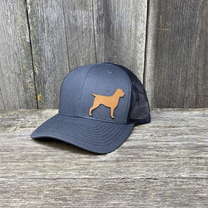 HUNTING DOG CHESTNUT LEATHER PATCH HAT - RICHARDSON 112 Leather Patch Hats Hells Canyon Designs # Charcoal/Black