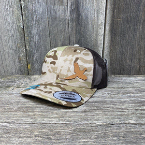 PHEASANT HUNTERS CHESTNUT LEATHER PATCH HAT - FLEXFIT SNAPBACK Leather Patch Hats Hells Canyon Designs Arid/Brown Multicam