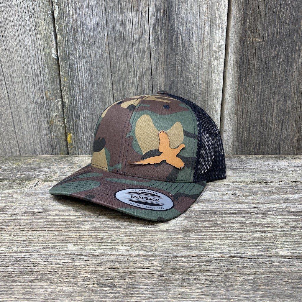 PHEASANT HUNTERS CHESTNUT LEATHER PATCH HAT - FLEXFIT SNAPBACK Leather Patch Hats Hells Canyon Designs BDU/Black
