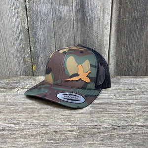 PHEASANT HUNTERS CHESTNUT LEATHER PATCH HAT - FLEXFIT SNAPBACK Leather Patch Hats Hells Canyon Designs BDU/Black