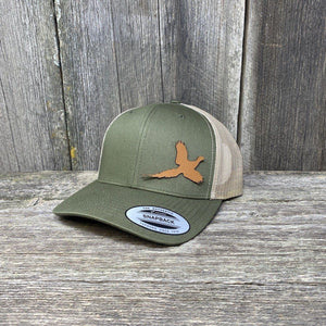 PHEASANT HUNTERS CHESTNUT LEATHER PATCH HAT - FLEXFIT SNAPBACK Leather Patch Hats Hells Canyon Designs Loden/Tan