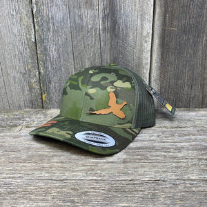 PHEASANT HUNTERS CHESTNUT LEATHER PATCH HAT - FLEXFIT SNAPBACK Leather Patch Hats Hells Canyon Designs Tropical Multicam
