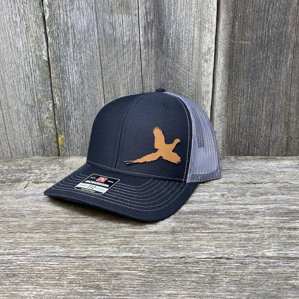 PHEASANT HUNTERS CHESTNUT LEATHER PATCH HAT - RICHARDSON 112 Leather Patch Hats Hells Canyon Designs # Black/Charcoal